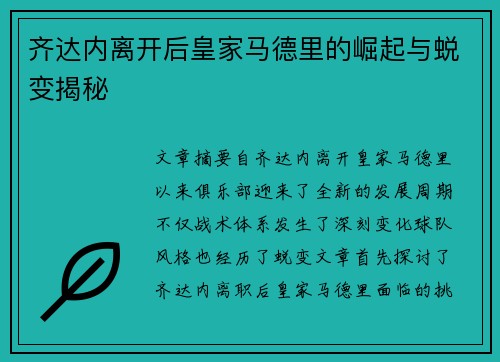 齐达内离开后皇家马德里的崛起与蜕变揭秘